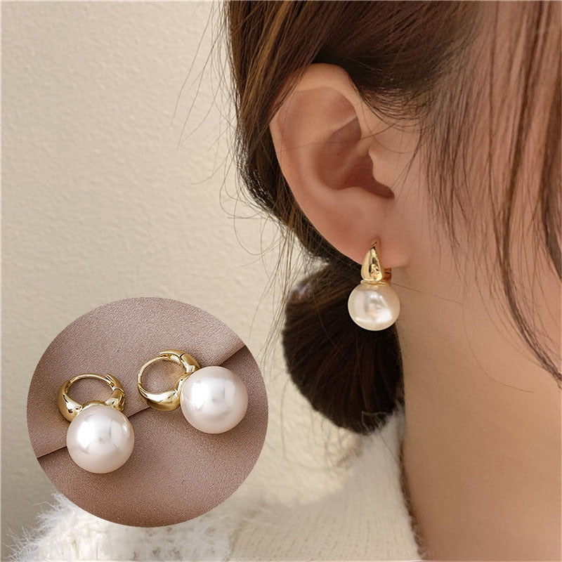 white boho imitation pearl round circle hoop earrings female gold color big earrings jewelry statement earrings