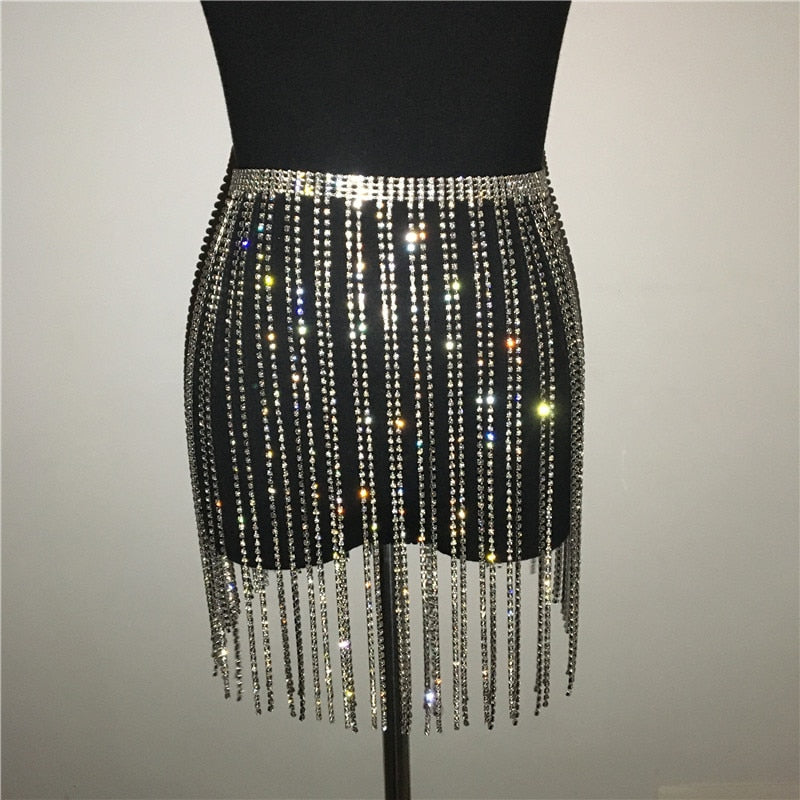 Glitter Rhinestone Long Tassel Jewel Skirts Crystal Diamonds Fringe Adjustable Sexy Mini Skirt