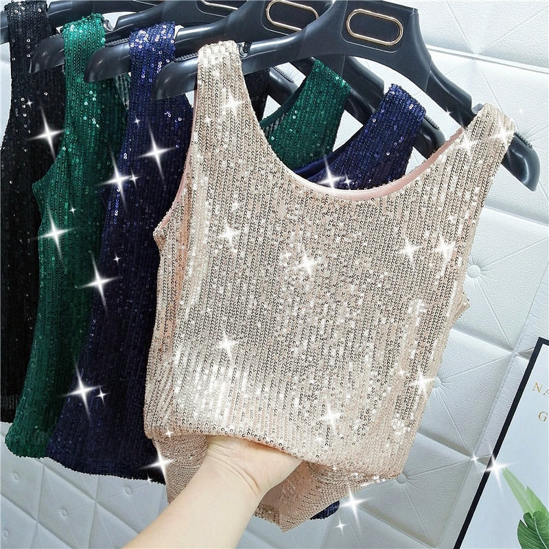 Sparkling Sequins Round Neck Vest  Bright Silk Fashion Glitter Bottoming Shirt Suspender Top