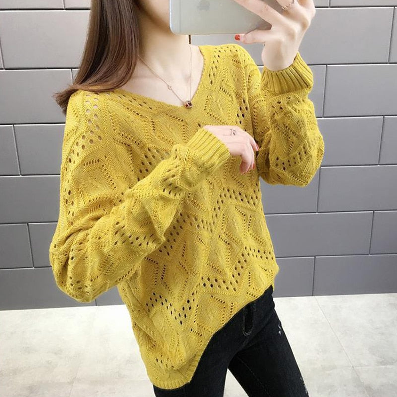 Korean Style Sweet Solid V-neck Hollow Out Jumper Sweater