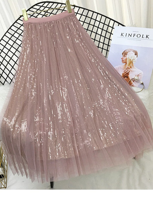 Fashion Sequined Long Tulle Skirt Women Aesthetic  Casual A Line Elastic High Waist Midi Mesh Skirt