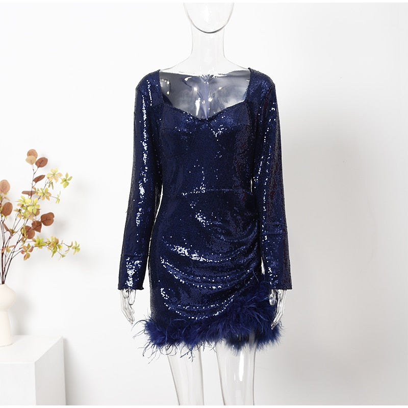 Sexy Feather Sequin Dresses Fall Long Sleeve Square Collar Mini Dress