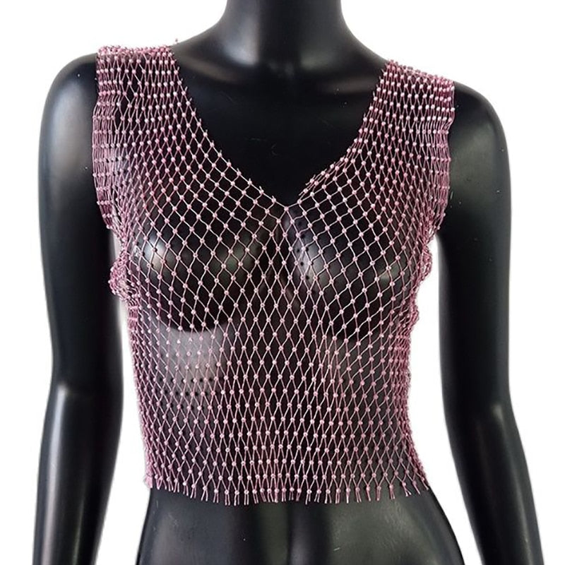 Sexy Diamonds Mesh Cropped Tank Top Cover Up Bikini See Through