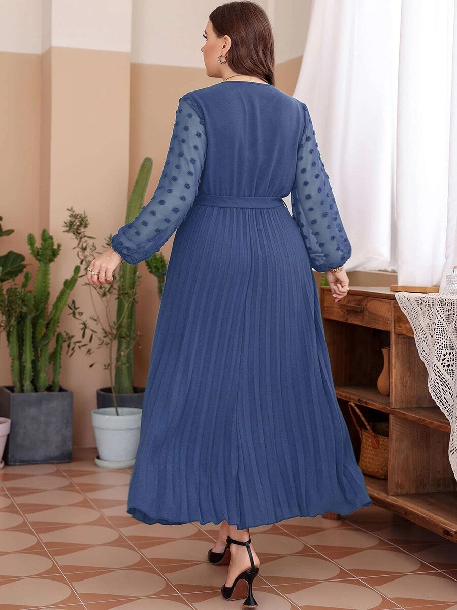 V Neck Lace Mesh See Through Long Sleeve Chiffon Pleated High Waist Maxi Long Dresses