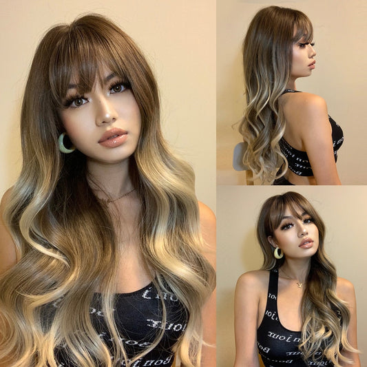 Long Wavy Synthetic Wigs With Long Bangs Blonde Ombre Natural Hair Wig Heat Resistant Fiber Wig