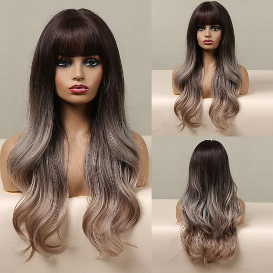 Long Wavy Synthetic Wigs With Long Bangs Natural Hair Wig Heat Resistant Fiber Wig