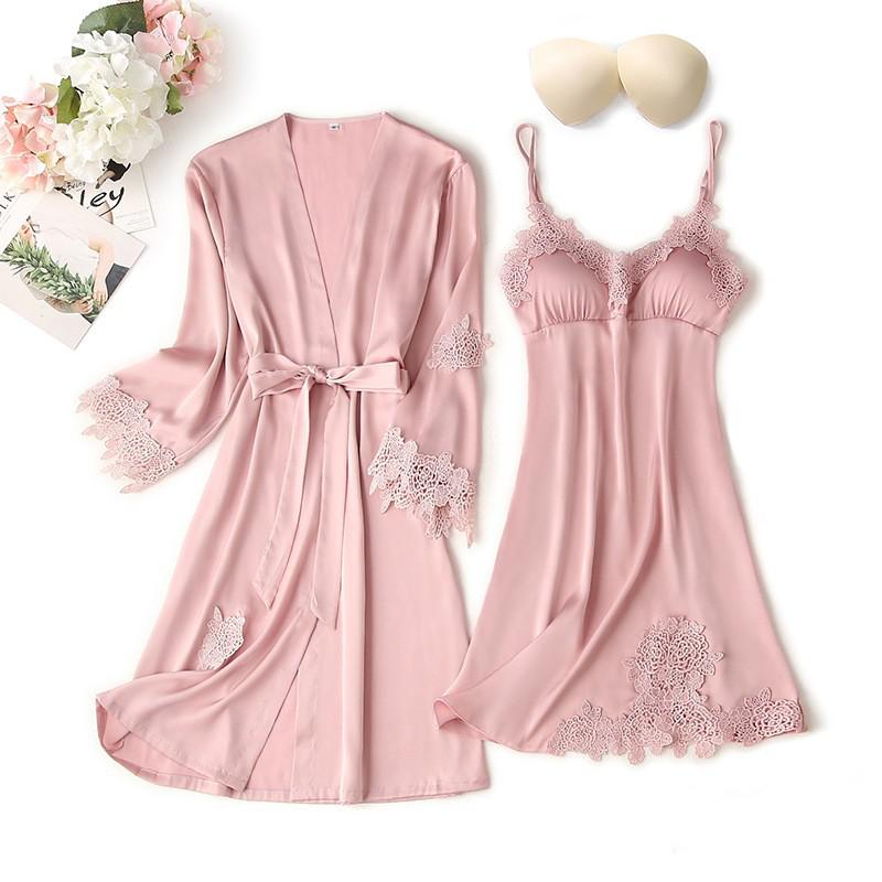 Lace Trim Sexy Robe Suit Loose Satin Kimono Bathrobe Gown Mini Sleepwear Rayon Intimate Lingerie