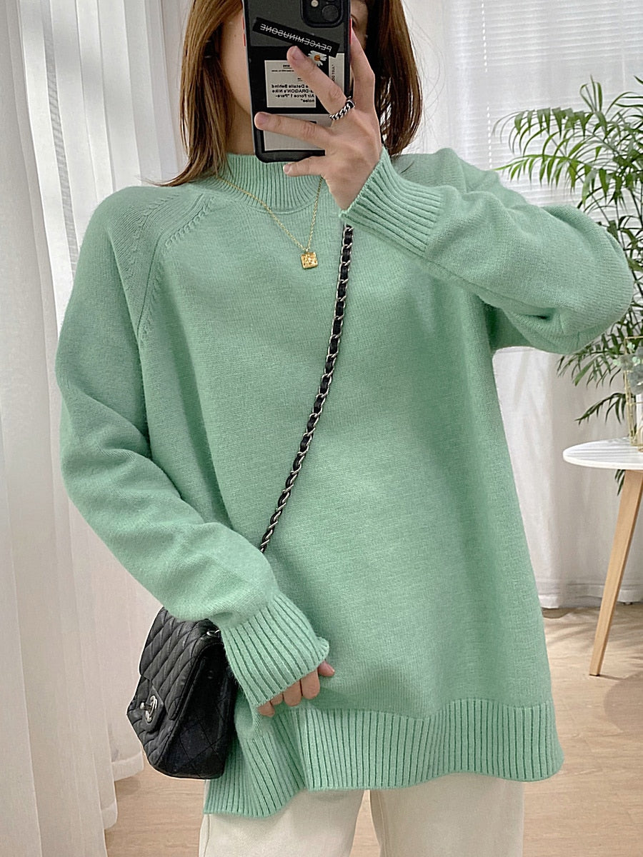 Women Mock Neck Pullovers Sweater Oversized Jumper Split Fall Winter Clothes