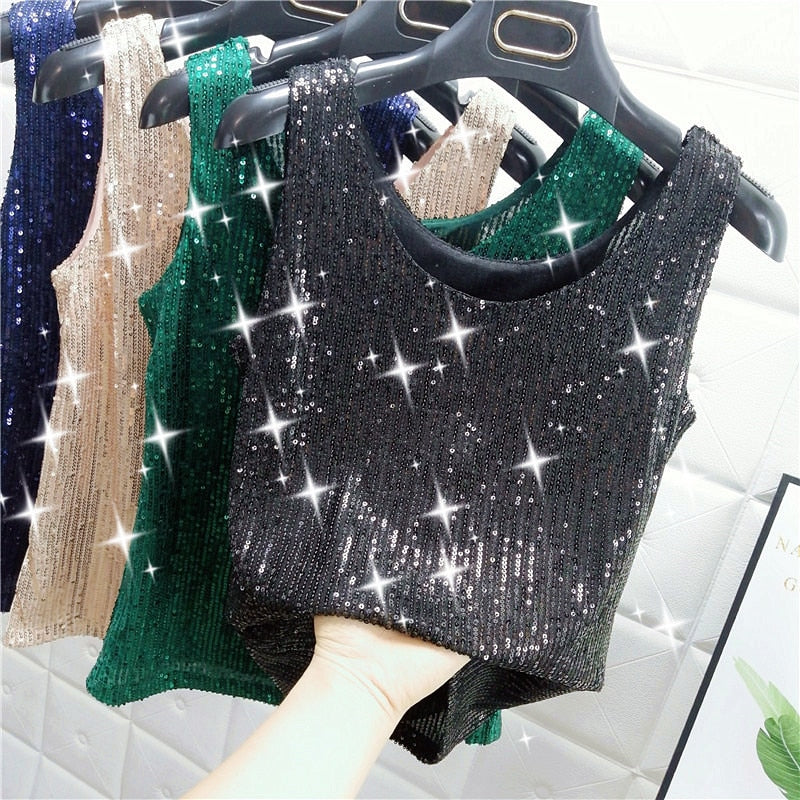 Sparkling Sequins Round Neck Vest  Bright Silk Fashion Glitter Bottoming Shirt Suspender Top