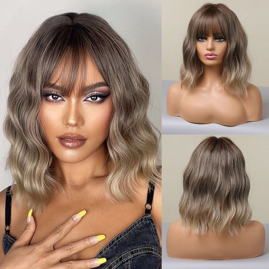 Ombre Blonde Synthetic Wigs Short Wavy Bob Wig  with Bangs Body Lolita Natural Hair Heat Resistant