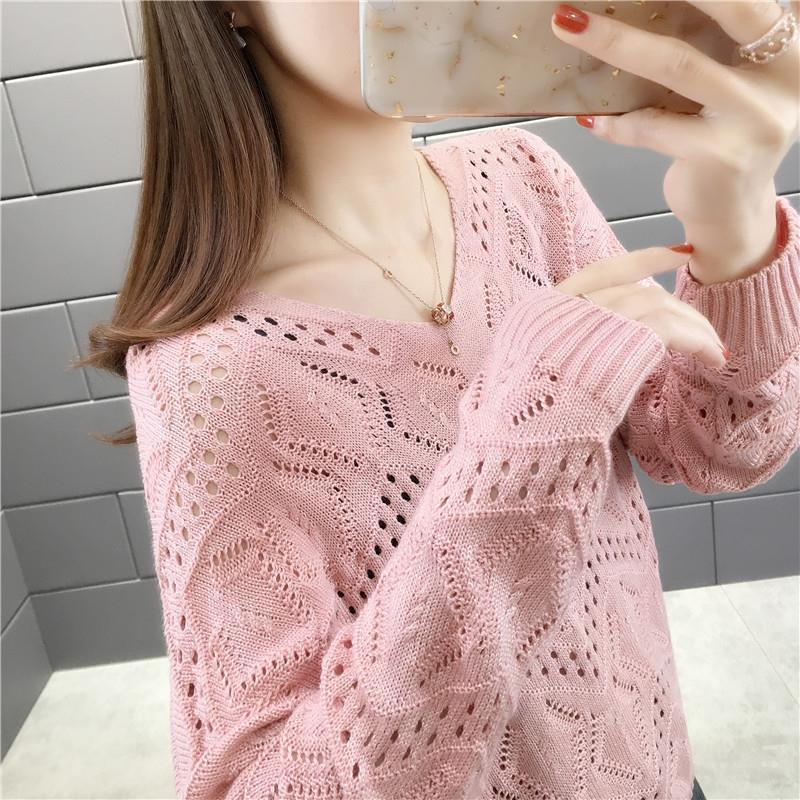 Korean Style Sweet Solid V-neck Hollow Out Jumper Sweater