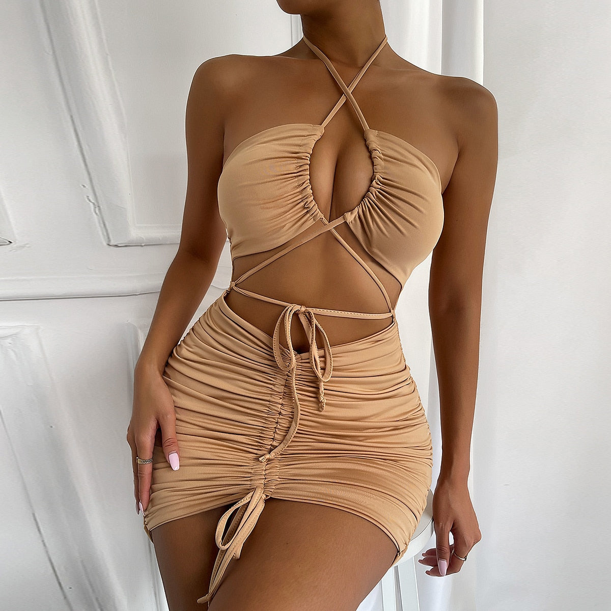 Sexy Bodycon Dresses Hollow Out Vestidos Elegant Halter Backless Drawstring Ruched Mini Dress