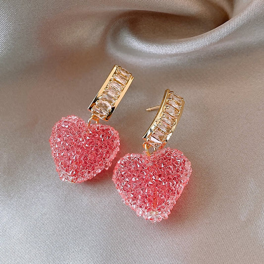 Trendy Lovely Pink Heart Dangle Earrings Fashion Cute Sweet Crystal Jewelry