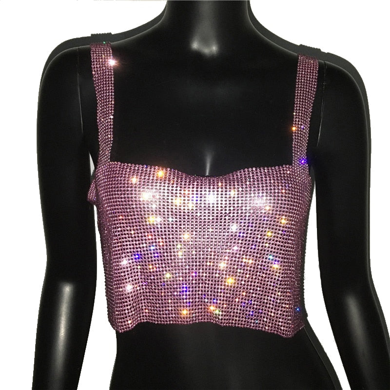 Fashion Solid Backless Straps Full Diamonds Sequins Cami Cropped Top