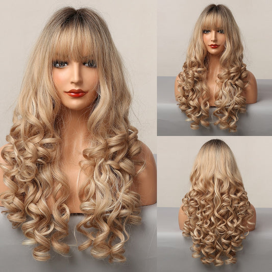 Long Wavy Synthetic Wigs With Long Bangs Blonde Natural Hair Wig Heat Resistant Fiber Wig