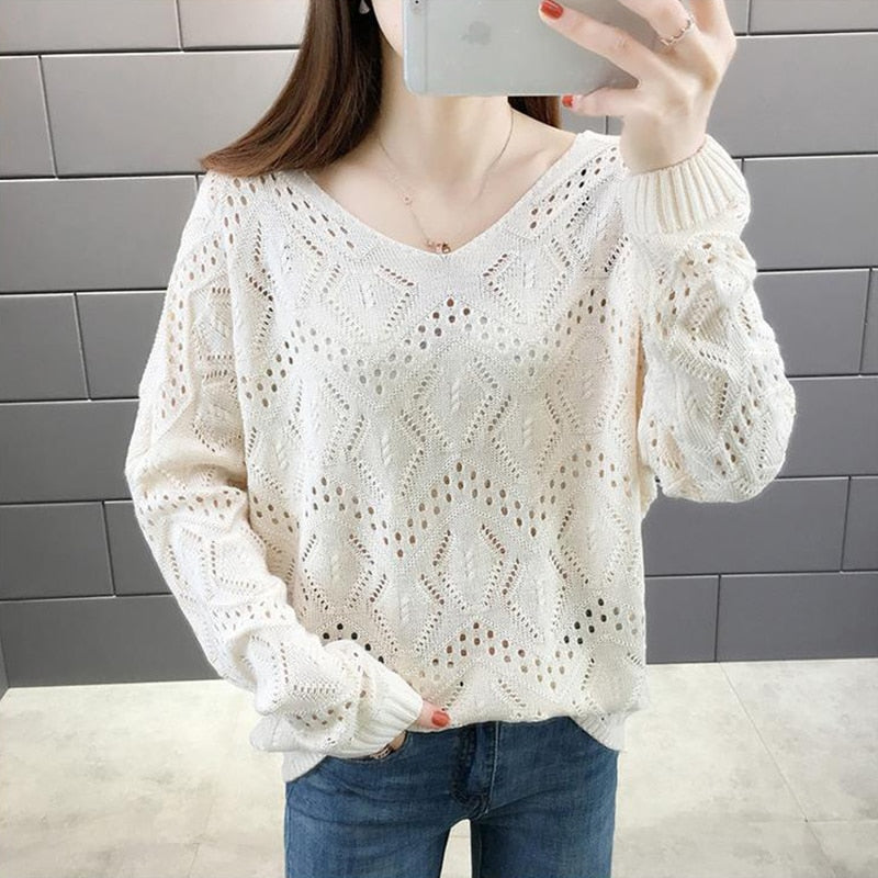 Korean Style Sweet Solid V-neck Hollow Out Jumper Sweater