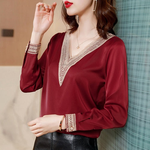 Long Sleeve Blouse Women Blusas Mujer De Moda V-Neck Solid Chiffon Blouse Shirt