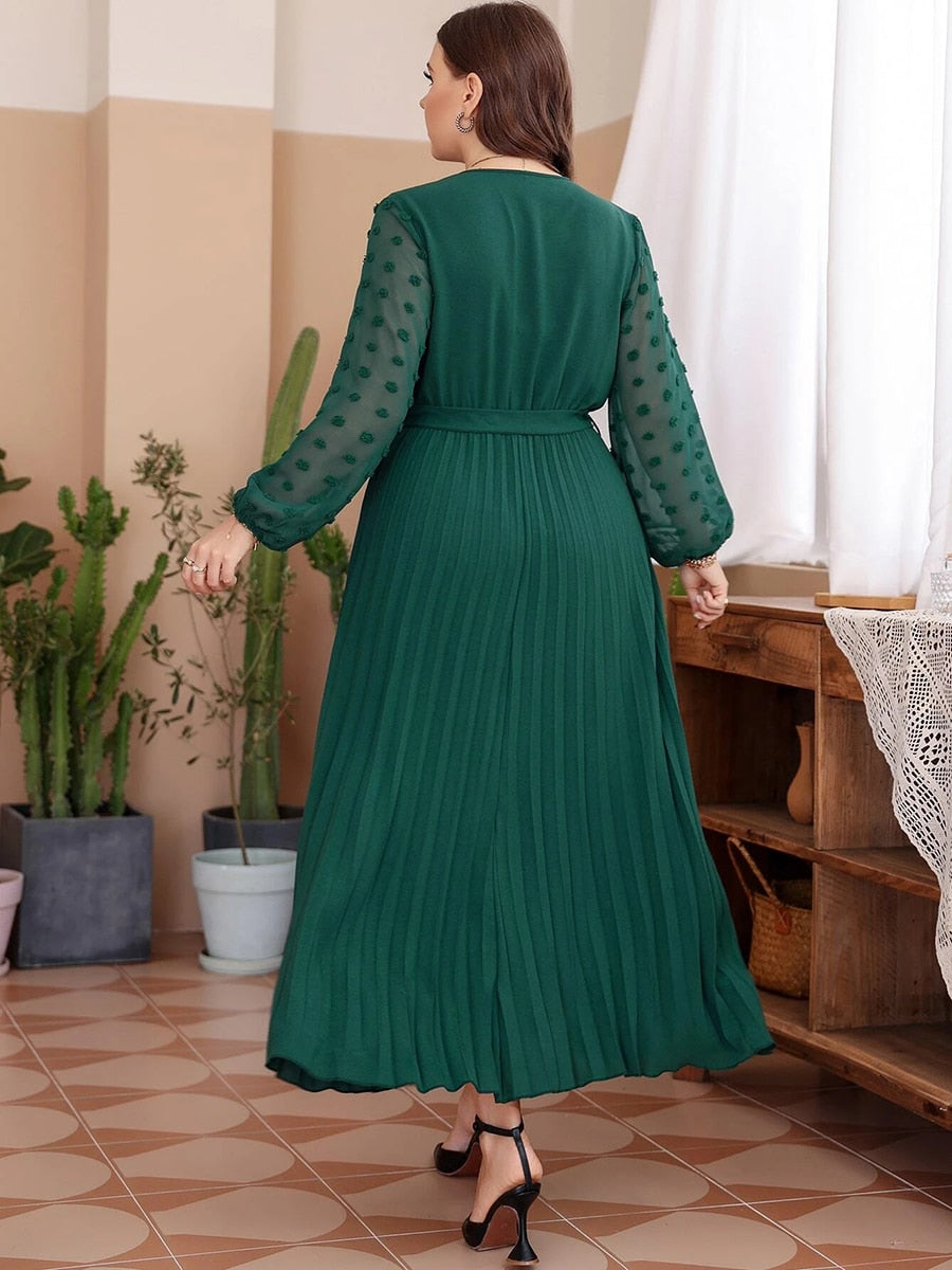 V Neck Lace Mesh See Through Long Sleeve Chiffon Pleated High Waist Maxi Long Dresses