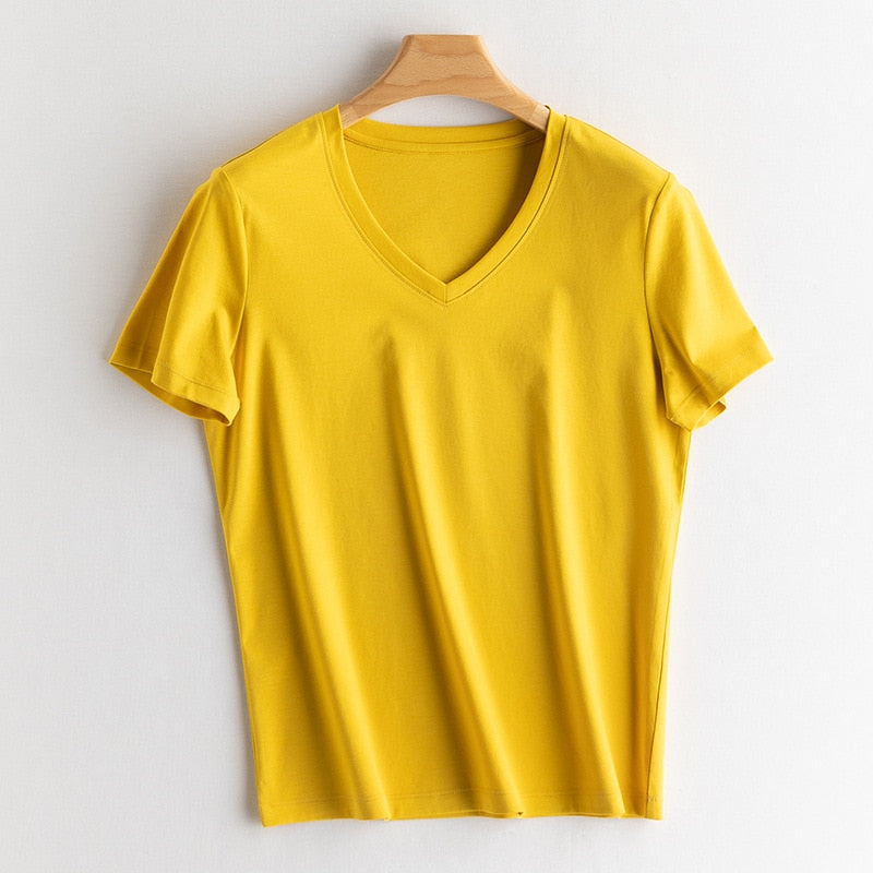 Solid T shirts Silk Cotton Blend Plain O neck Short Sleeved Tee