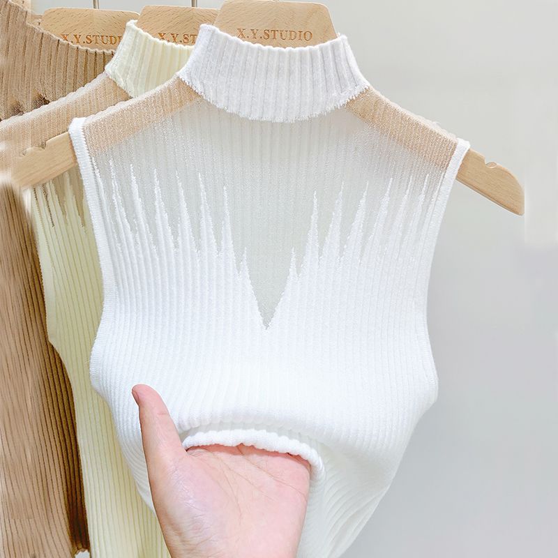 Mesh Hanging Neck Semi-high Neck Knitted Small Vest Female Undershirt Sweater Sleeveless T-shirt Short Tanks