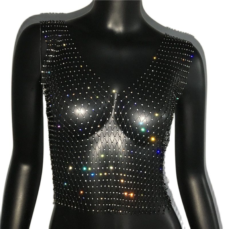 Sexy Diamonds Mesh Cropped Tank Top Cover Up Bikini See Through