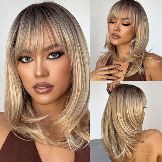 Ombre Blonde Synthetic Wigs Short Wavy Bob Wig  with Bangs Body Lolita Natural Hair Heat Resistant