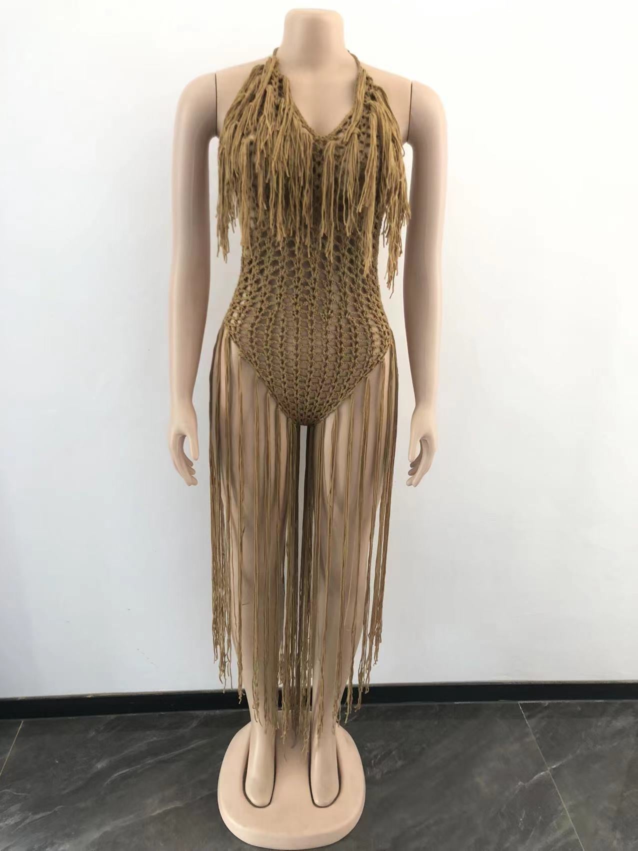 Knit Rib Tassel Bodysuit Rompers Sexy Fishnet Jumpsuit One Piece Dress