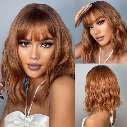 Brown Blonde Synthetic Wigs Short Wavy Bob Wig  with Bangs Body Lolita Natural Hair Heat Resistant