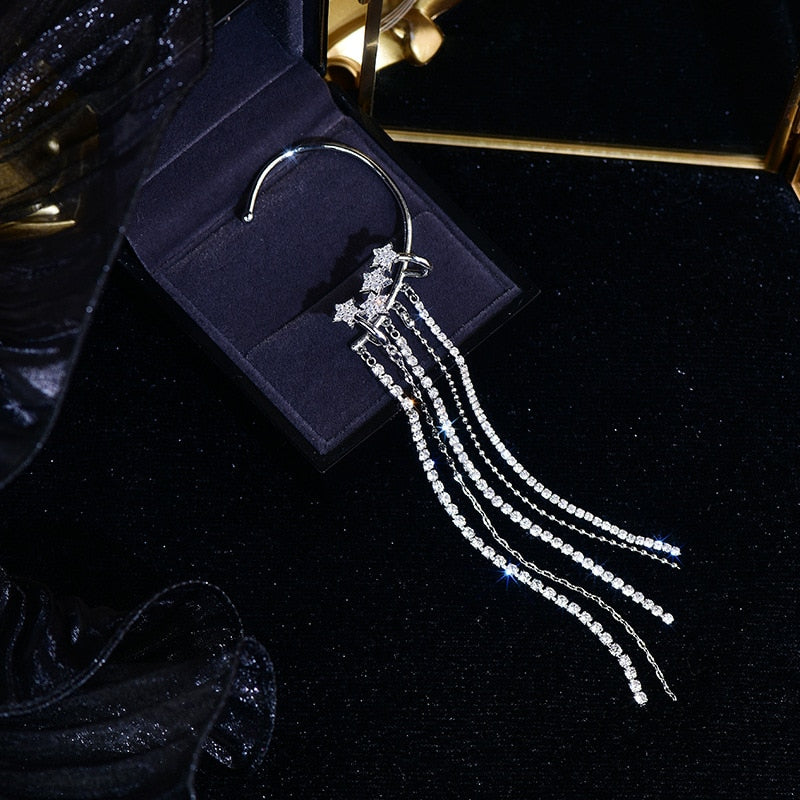 Fashion Sparkling Long Tassel Crystal Stars Ear Clip Without Piercing Exquisite Light Luxury Jewelry