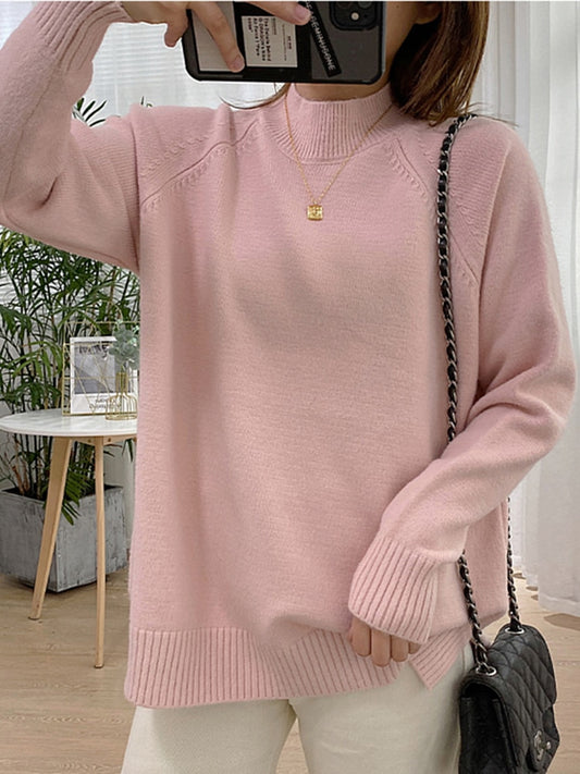 Women Mock Neck Pullovers Sweater Oversized Jumper Split Fall Winter Clothes