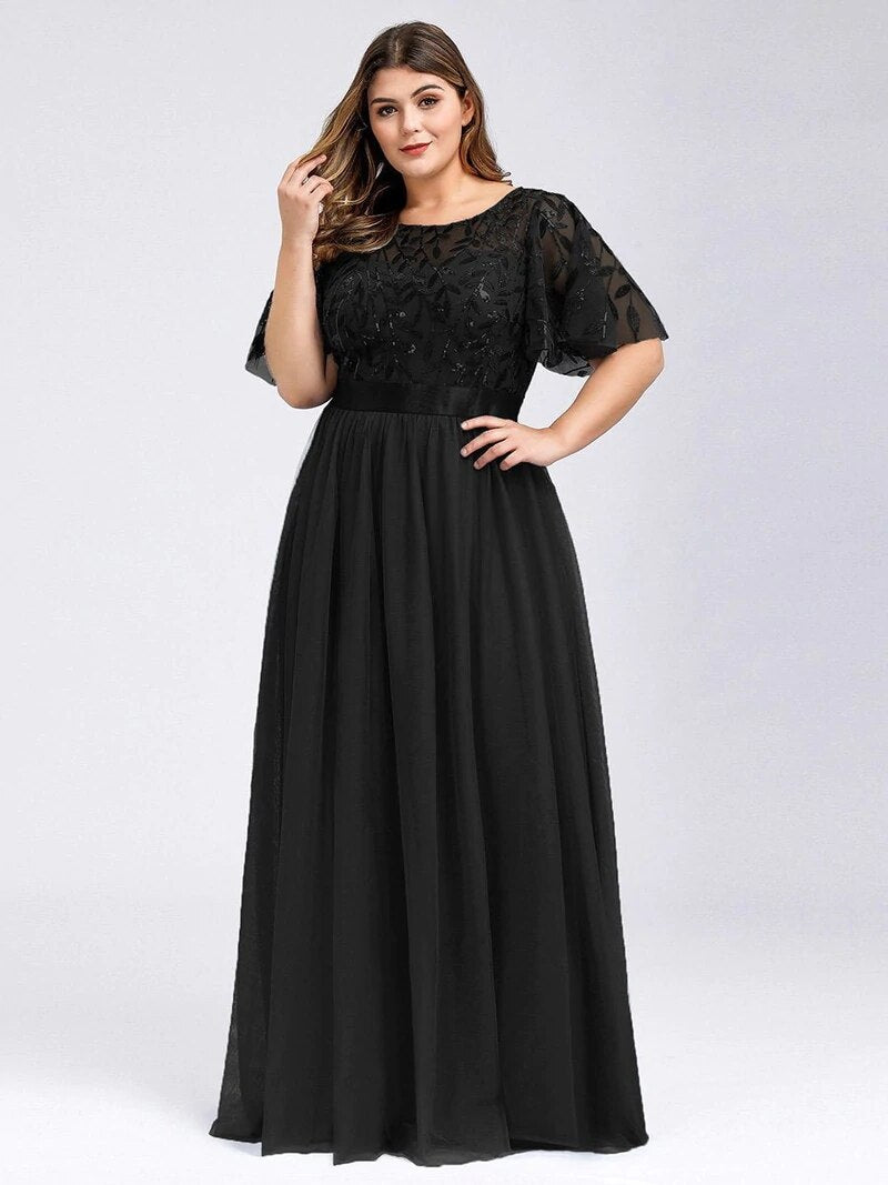 Elegant Evening Dresses O-Neck Sequin Tulle Print Floor Length Dress