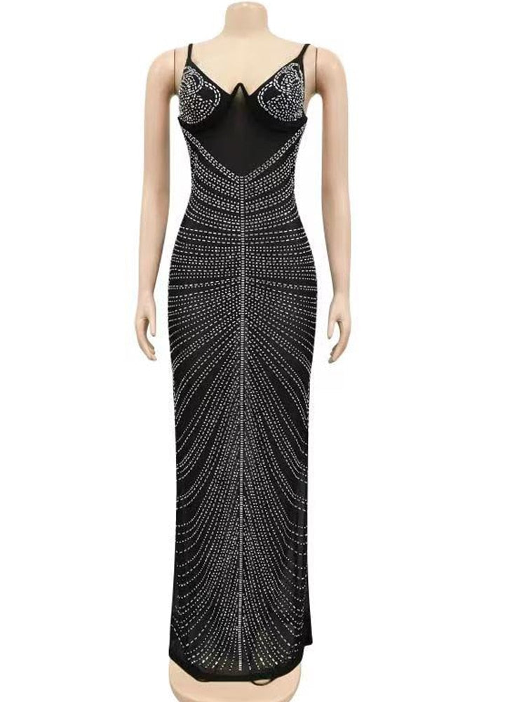 Sparkle Black/apricot Mesh Sheer Rhinestones Maxi Dress