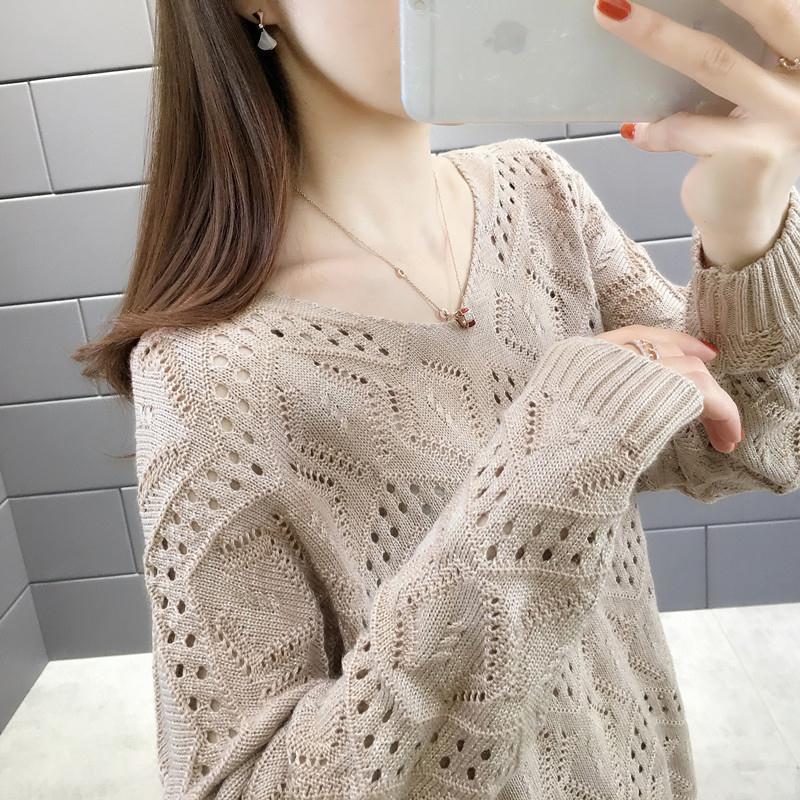 Korean Style Sweet Solid V-neck Hollow Out Jumper Sweater