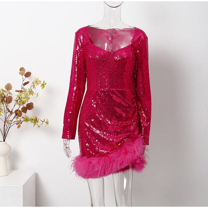 Sexy Feather Sequin Dresses Fall Long Sleeve Square Collar Mini Dress