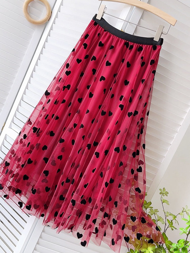 Tulle Maxi Skirt Women Cute Heart Pattern Flocking Mesh Big Hem High Waist Long Skirt