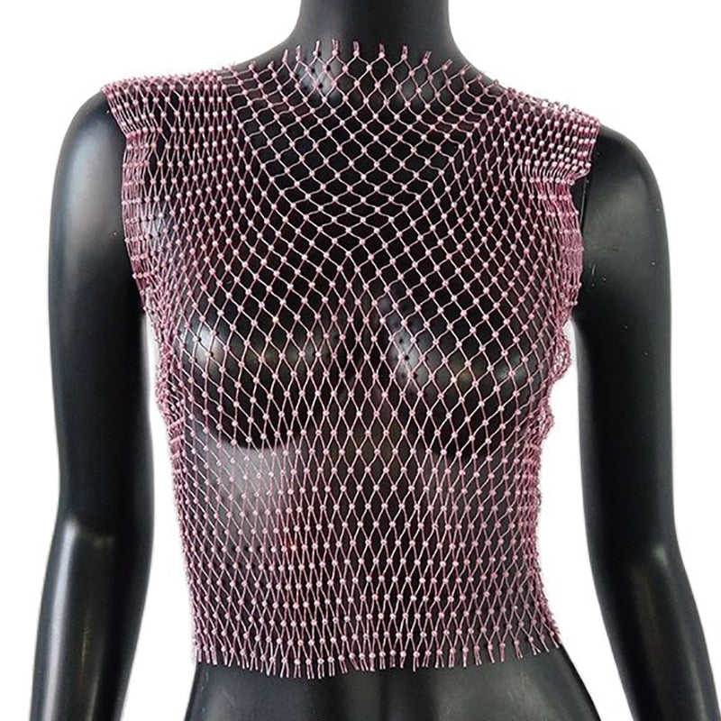 Sexy Diamonds Mesh Cropped Tank Top Cover Up Bikini See Through