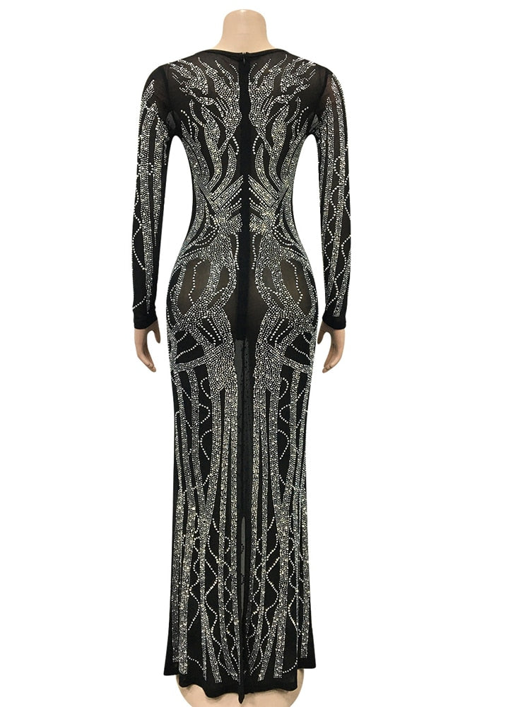 Deep V Neck Mesh Patchwork Sequin Maxi Dress