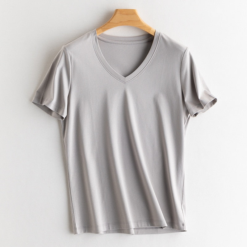 Solid T shirts Silk Cotton Blend Plain O neck Short Sleeved Tee