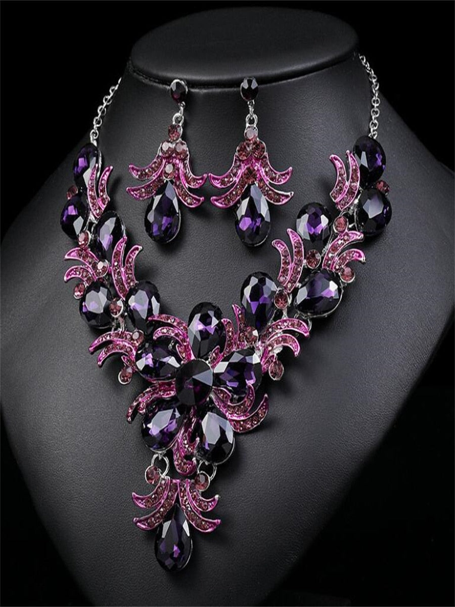 Dazzling purple jewelry necklace, bridal wedding set jewelry diamond alloy drop necklace