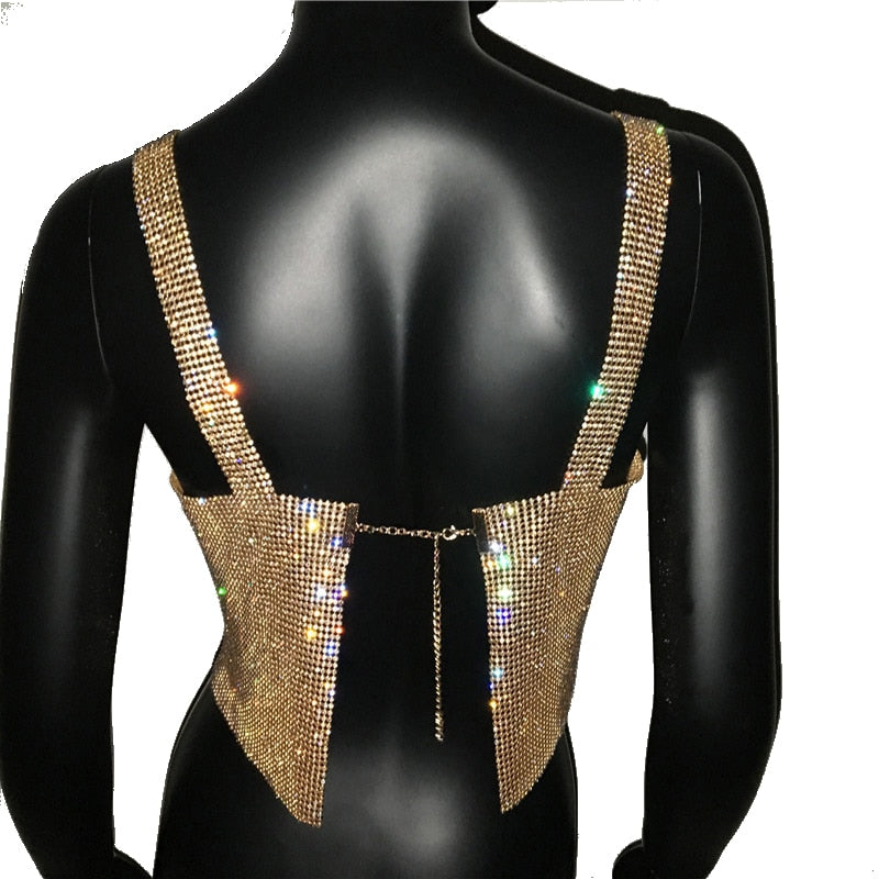 Fashion Solid Backless Straps Full Diamonds Sequins Cami Cropped Top