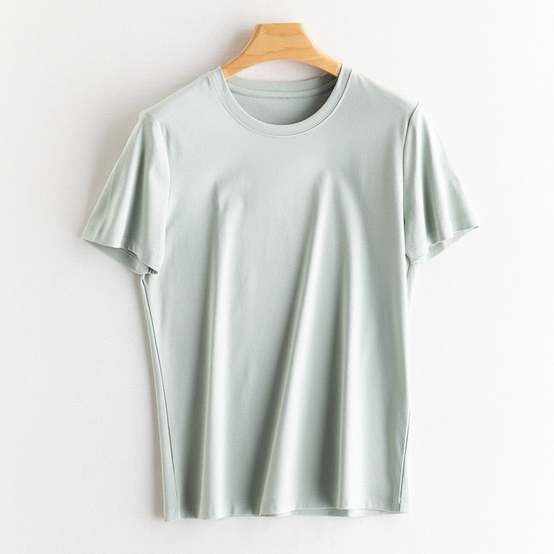 Solid T shirts Silk Cotton Blend Plain O neck Short Sleeved Tee