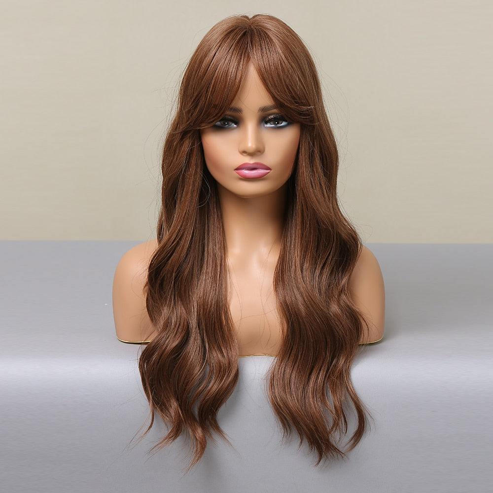 Long Wavy Chestnut Synthetic Wigs With Long Bangs Natural Hair Wig Heat Resistant Fiber Wig