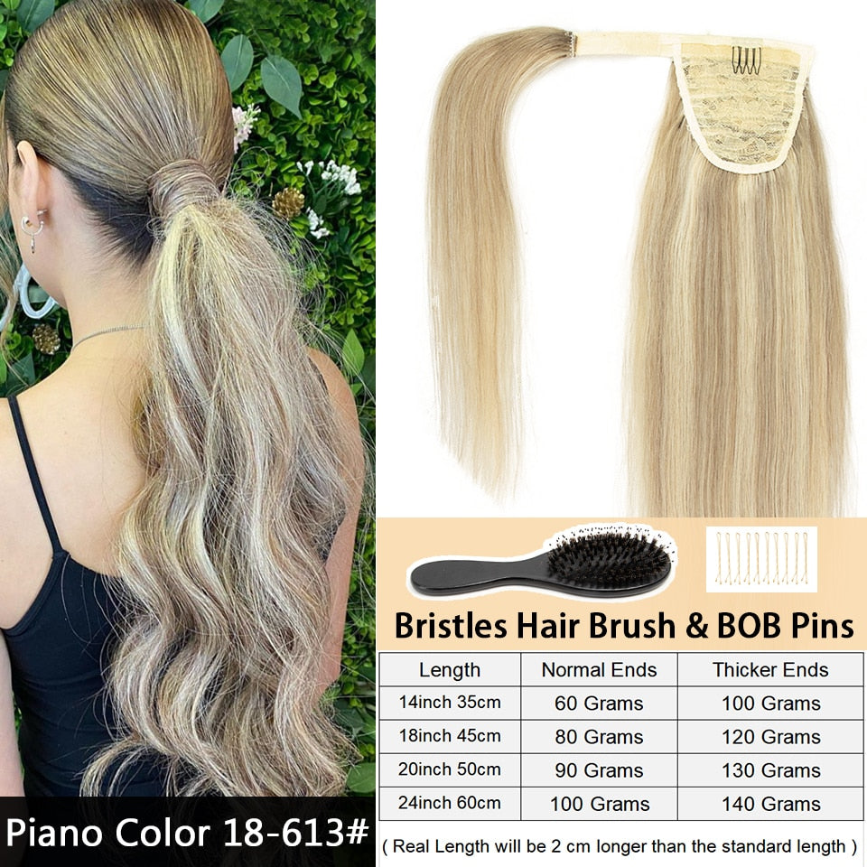 Ponytail Human Hair Remy Ponytail Hair Extension Wrap Around Natural Real Hair Straight