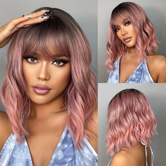 Ombre Brown Pink Synthetic Wigs Short Wavy Bob Wig  with Bangs Body Lolita Natural Hair Heat Resistant