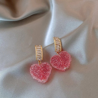 Trendy Lovely Pink Heart Dangle Earrings Fashion Cute Sweet Crystal Jewelry