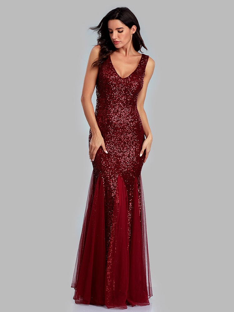 Plus Size V Neck Mermaid Burgundy Dress