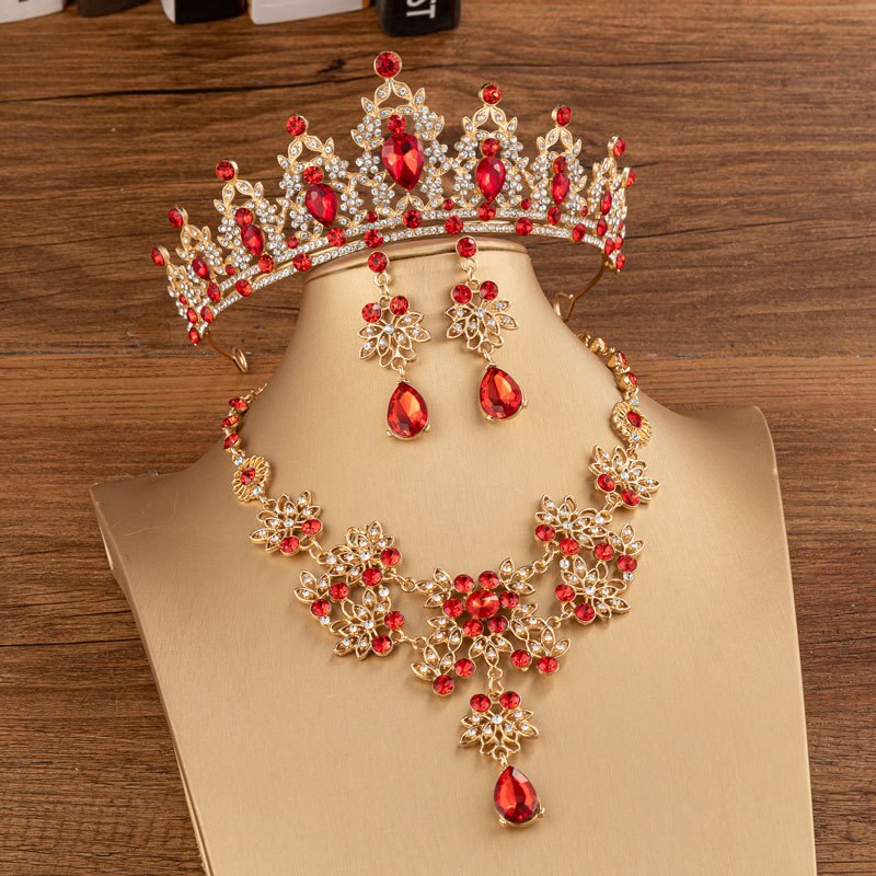 Luxury Crystal Beads Costume Jewelry Sets Floral Rhinestone Choker Necklace Earrings Tiaras Wedding Jewelry Set