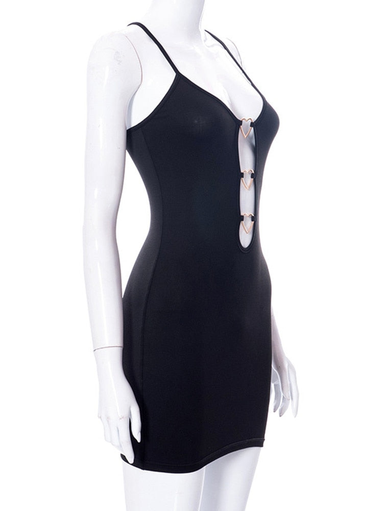 Hollow Out Black Bodycon Woman Dress Camisole Heart Ring Decor Club Sexy Party Dress