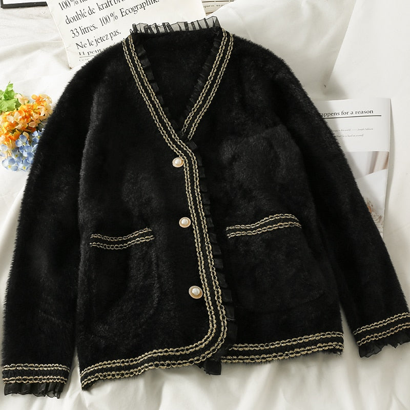 Mink Cashmere Loose Sweater Cardigan Jacket Women Autumn and Winter Bright Silk Stripe Thicken Short Knitted Coat Top