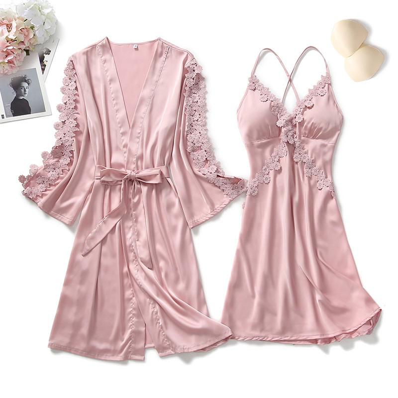 Lace Trim Sexy Robe Suit Loose Satin Kimono Bathrobe Gown Mini Sleepwear Rayon Intimate Lingerie